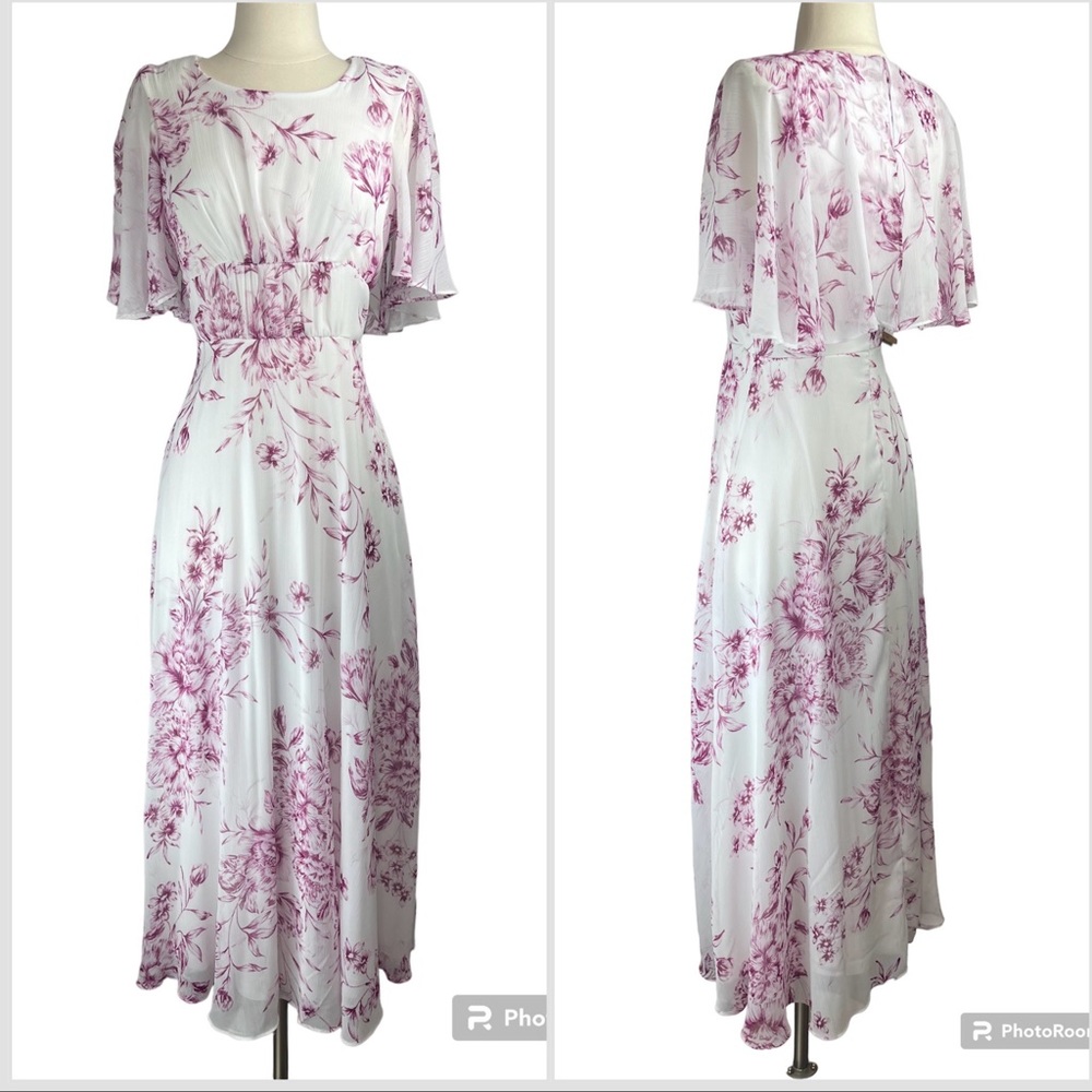 Calvin Klein Purple White Floral Chiffon Capelet  Maxi Dress Size 4